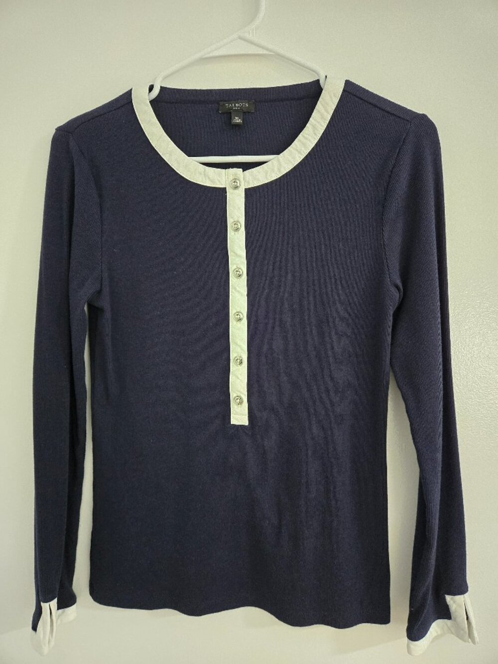 Talbots Navy Blue Ribbed Henley Top Women’s Petite M Nautical Preppy Coastal